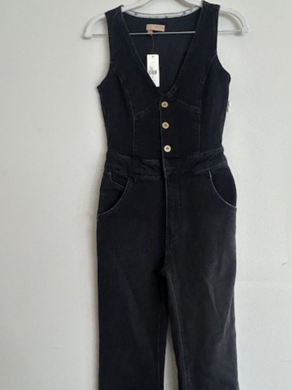 Anthropologie x Pilcro Rich Black Denim Button Down Fitted V Neck Jumpsuit NWT - Picture 7 of 16